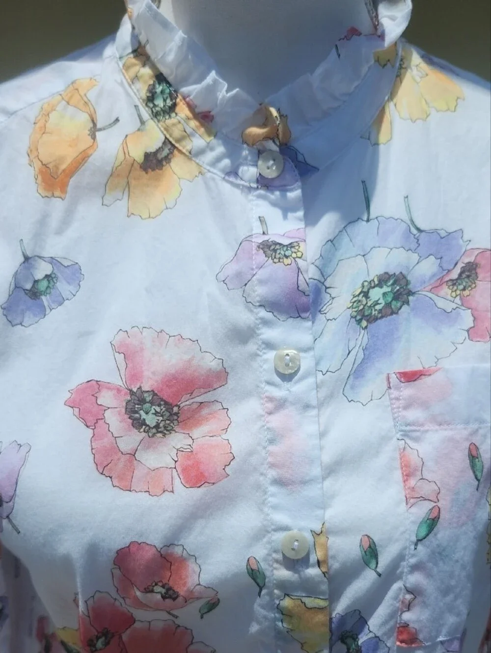 Chico's White Button-Down Shirt with Pink, Yellow & Purple Floral Print